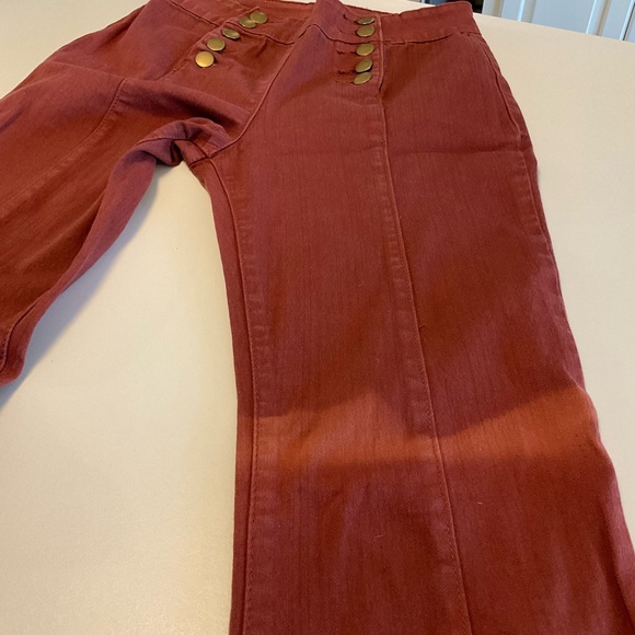 Forever 21 Highwaist Flare Leg Maroon Jeans Double Button Front Faded Spot Sz 26 - Picture 9 of 14